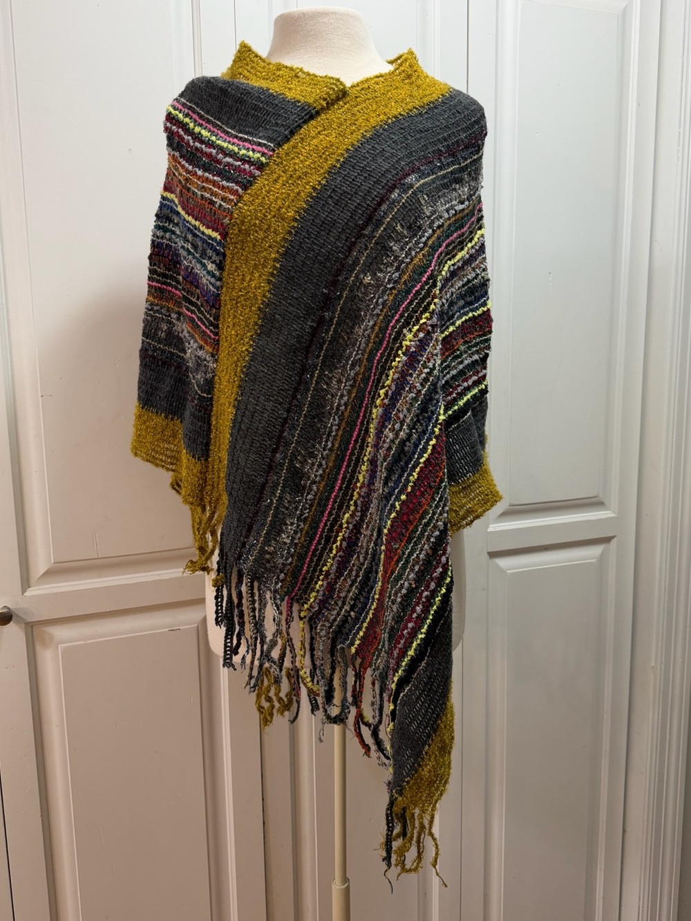 Striped Fringe Knit Poncho in Charcoal and Mustard
